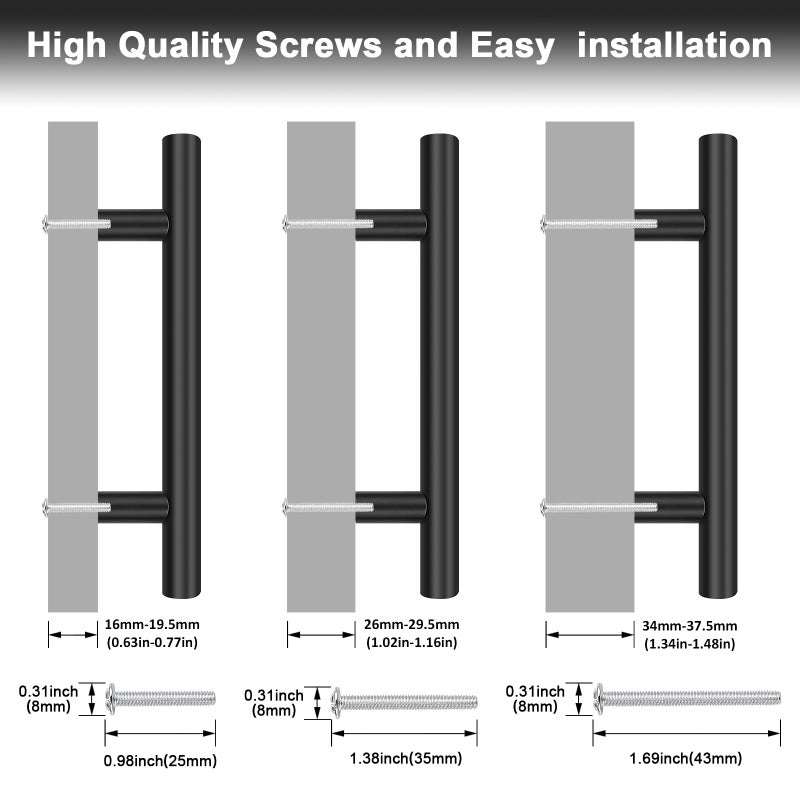 Probrico 5 Pack Holes Spacing(90mm) 3.5inch Flat Black Kitchen Cabinet Handles, Stainless Steel Dresser Drawer Pulls,6inch Length Euro T Bar Pull Handle for Closet - Image 4